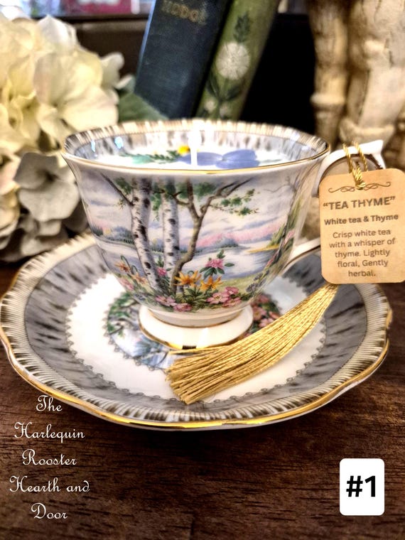 Vintage Teacup Candles - Soy Wax Candle - Dried and  Natural Floral Candles - Blue Tones