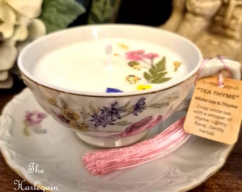 Vintage Teacup Candles - Soy Wax Candle - Dried and Pressed Natural Floral Candles - Pink Tones
