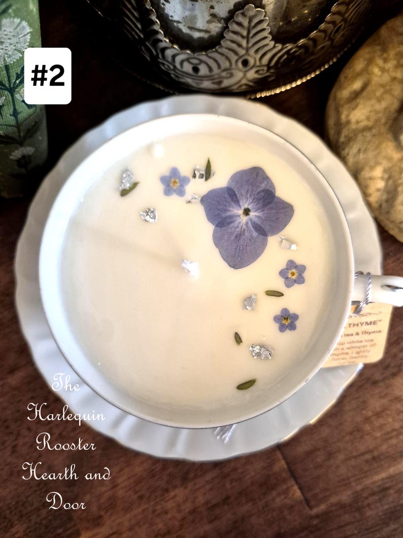 Vintage Teacup Candles - Soy Wax Candle - Dried and Natural Floral Candles - Blue Tones image 6