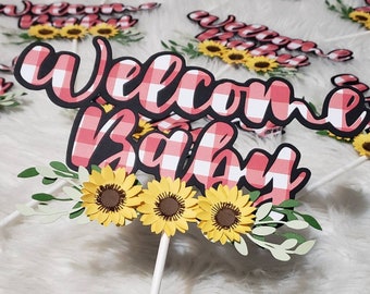 Welcome Baby Sunflower Cake Topper, Floral Baby Shower Centerpiece