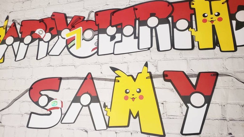 May include: A red, white, and black banner with the name "Sammy" spelled out in large letters. Each letter has a Pokeball design with a red, white, and black color scheme. The letter "M" is a yellow Pikachu character.