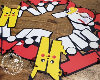 Poke Inspired Birthday Banner, Poke Party, Pika Birthday, Go Party, Poke Birthday Name Banner, Poke Decorations