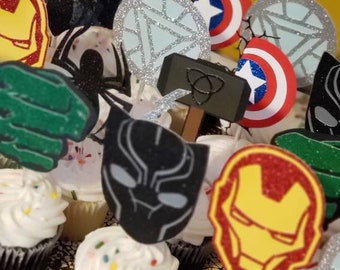 12 Piece Superhero Cupcake Toppers - Superhero Party - Superhero Cupcake Toppers - Super Cupcake Topper - Glitter Decorations - Heroe