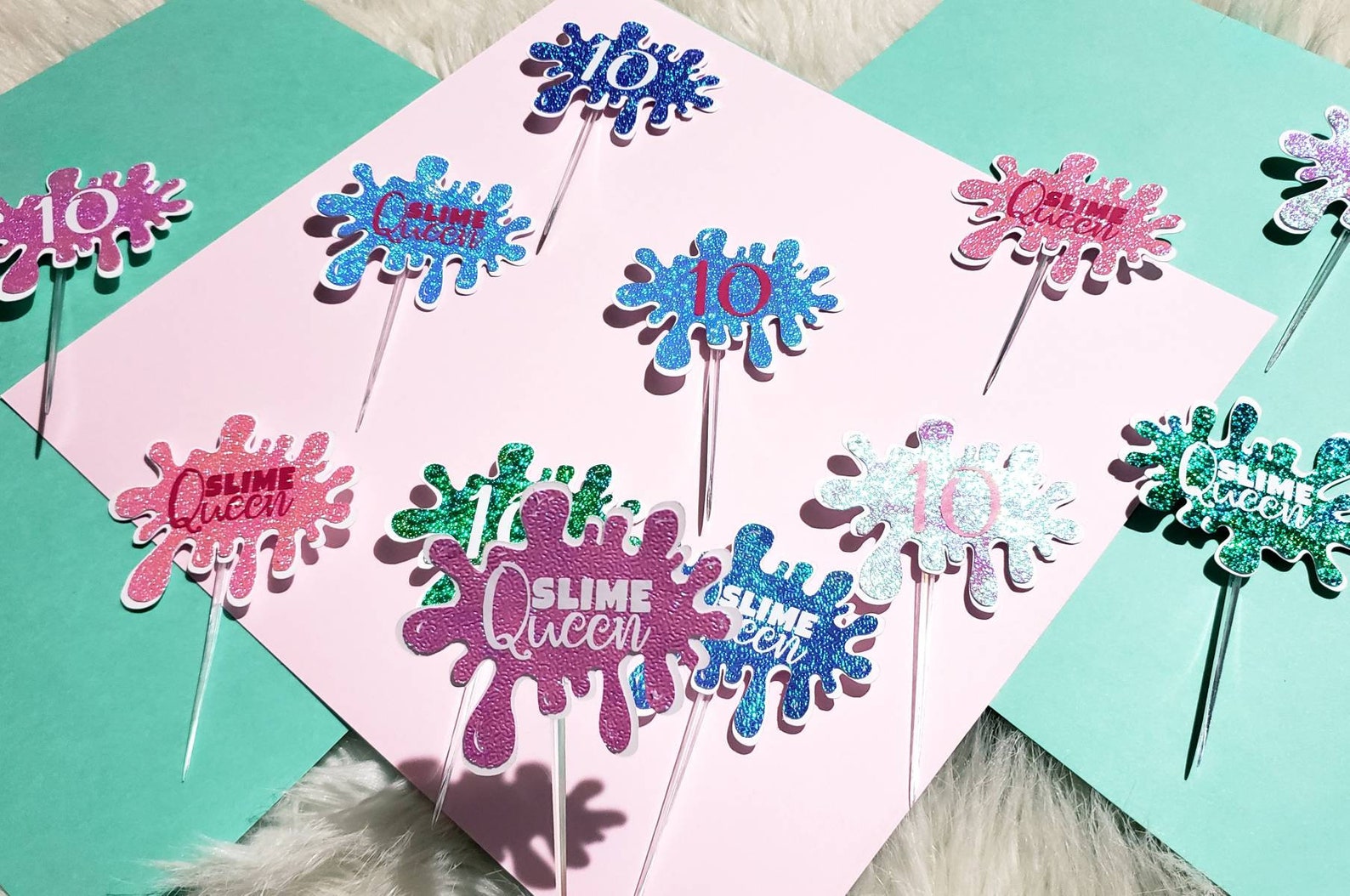 Topper Slime Slime Party Cupcake Toppers - Personalized Number, Slime Queen - Set of ...