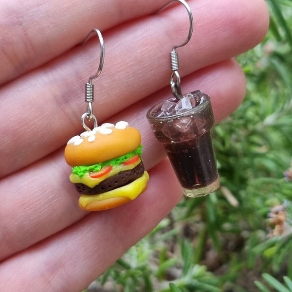 Burger & Soda Asymmetrical Earrings, Hamburger Fan Gift, Gourmet, Fast Food Lovers, Coca, Fimo, Handmade