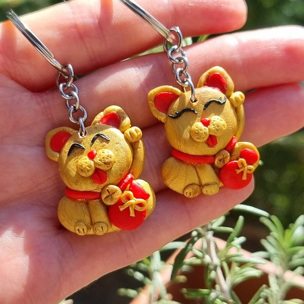 2 Porte-Clefs d'Amitié Maneki neko Chat Porte Bonheur, BFF, Meilleur Amis, Fimo, Rigolo, Cadeau Couple Saint Valentin, Nouvel An Kawaii