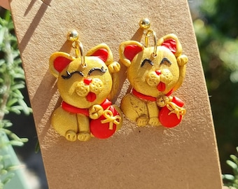 Chat Porte-Bonheur, Maneki Neko, Boucles d'oreilles Porte Chance, Abondance, Cadeau Prospérité, Argent, Cadeau Nouvel An Kawaii