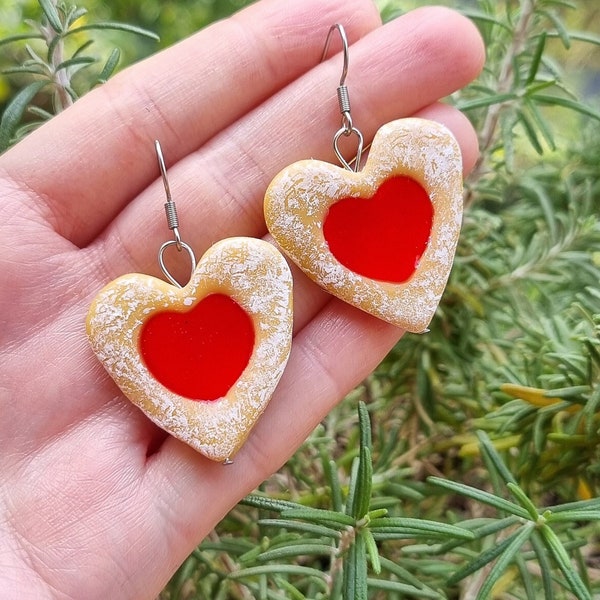 Linzer Heart Shortbread Jam Cookies, Shrewsbury Jam Cookie, Food Earrings, Strawberry Cakes, Handmade, Valentine's Day