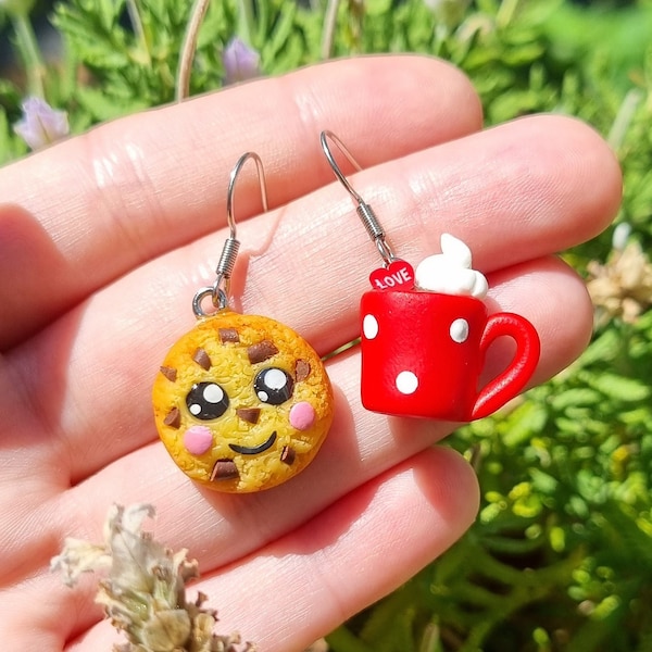 Boucles d'oreilles Cookie Kawaii & Tasse chocolat chaud Gourmand, Argile Polymère, Métal Anti Allergie, Fimo, Amusant, Rigolo