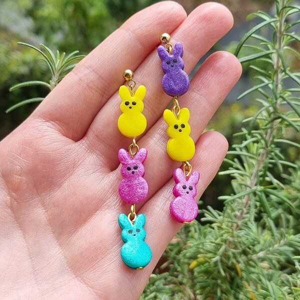 Trio Lapin de Paques, Inspiré Marshmallow Americain, Boucles d'oreilles Fimo, Fait Main