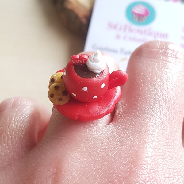 Bague Chocolat Chaud Cookies, Chantilly & Love, Cadeau Pour Femme, Maman, Fête des Mères, Fimo, Cadeau Gourmand, Bague Réglable