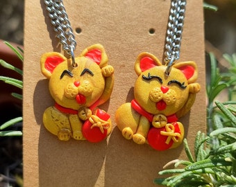 2 Friendship Necklaces Attract Fortune Maneki neko, Lucky Cat to Share, BFF, Best Friends, Fimo, Funny, Kawaii New Year Gift