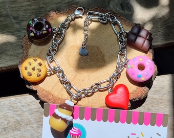 Adjustable Stainless Steel Bracelet, 7 Charms, Fimo, Polymer Clay, Cakes, Cupcake, Unique Gift for her