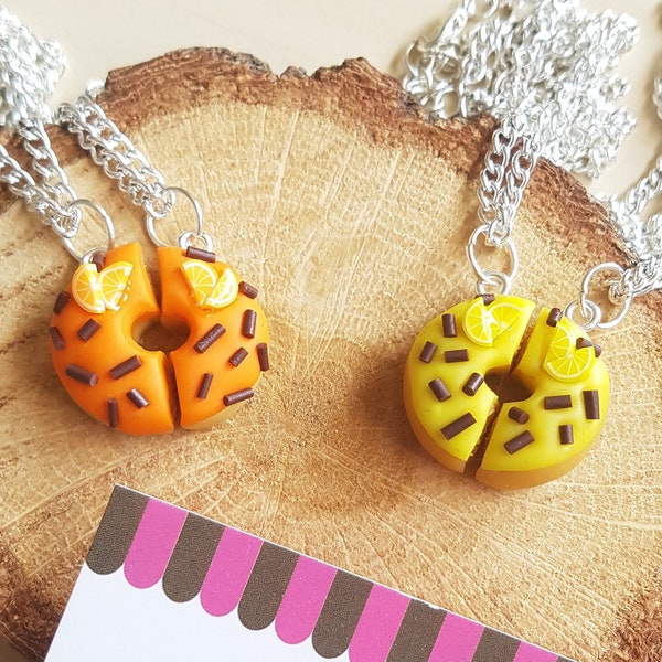 2 Colliers Donuts à Partager, Orange ou Citron, BFF, Meilleurs ami(e)s, Cadeau d'Amitié, Mignons, Fimo, Cool, Fun, Rigolos, Kawaii