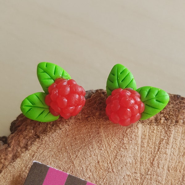 Clous d'oreilles Framboises, Réalistes, Argile Polymère, Fimo, Boucles d'oreilles, Cadeau Nature, Fruits, Végétarien, Végan