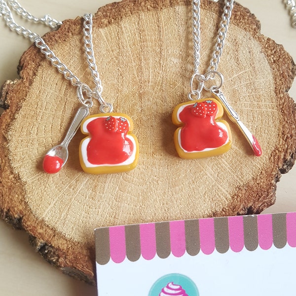 Set of two Friendship Necklaces Tartines Jam Strawberry, BFF, Best Friends, Fimo, Funny, Gift of Friendship, Kawaii