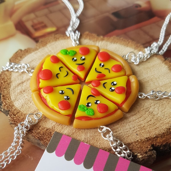 BFF, 2 à 6 Colliers ou Porte-Clefs Pizza à Partager, Meilleurs Ami(e)s, Argile polymère, Fimo, Rigolo, Cadeau d'Amitié, Kawaii