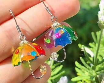 Parapluies Multicolore Personnalisable, Reflets Paillettes, Boucles d'oreilles Résine, Cristal, Cadeau Pluie, Magique, Fait Main en France