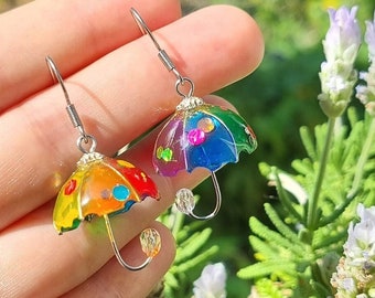 Magic Umbrella Earrings, Resin, Multicolored, Handmade, Original, Unique Gift, Glitter