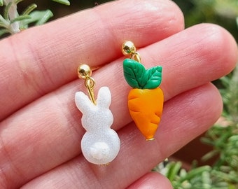 Lapin & Carotte Boucles d'oreilles, Cadeau Pâques pour Elle, Fait Main, Fimo, Cadeau Kawaii