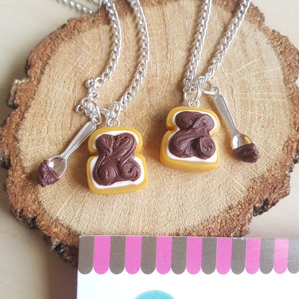 BFF, 2 Friendship Necklaces Tartines Pate Chocolate Spread to Share, Best Friend, Fimo, Funny, Gift of Friendship, Kawaii