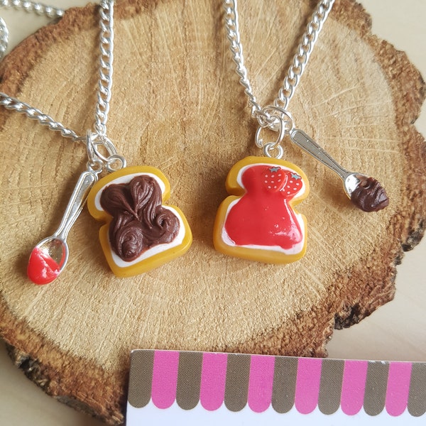 Gift of Friendship, 2 Necklaces Chocolate Tartines & Strawberry Jam to Share, BFF, Best Friends, Fimo, Funny, Kawaii