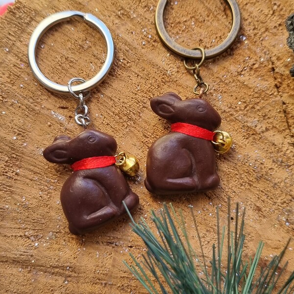 Lapin de Paques, Porte-Clefs Lapin en chocolat, Ruban Satin, Grelot, Clochette, idée cadeau Pâques, Cadeau Gourmand, Kawaii, Trop Chou