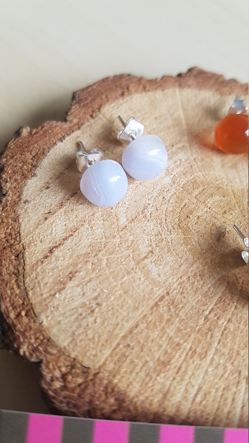 Boucles D'oreilles Puces En Argent 925 - Agate Bleue 8 Mm, Neuves Avec étiquettes