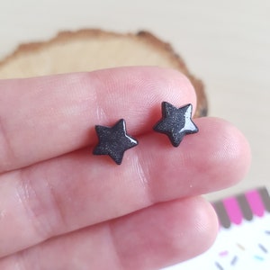 Star Stud Earrings, Black Iridescent, Polymer Clay, Fimo, Discreet, Woman, Girl, Handmade