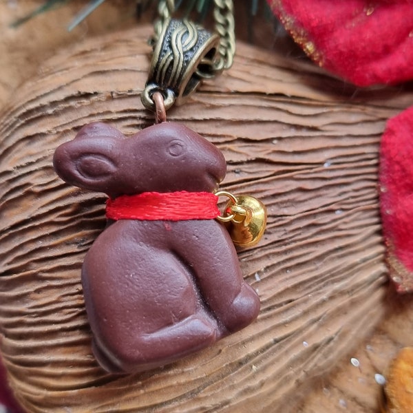 Lapin de Paques, Collier Lapin en chocolat, Ruban Satin, Grelot, Clochette, idée cadeau Pâques, Cadeau Gourmand, Kawaii, Trop Chou