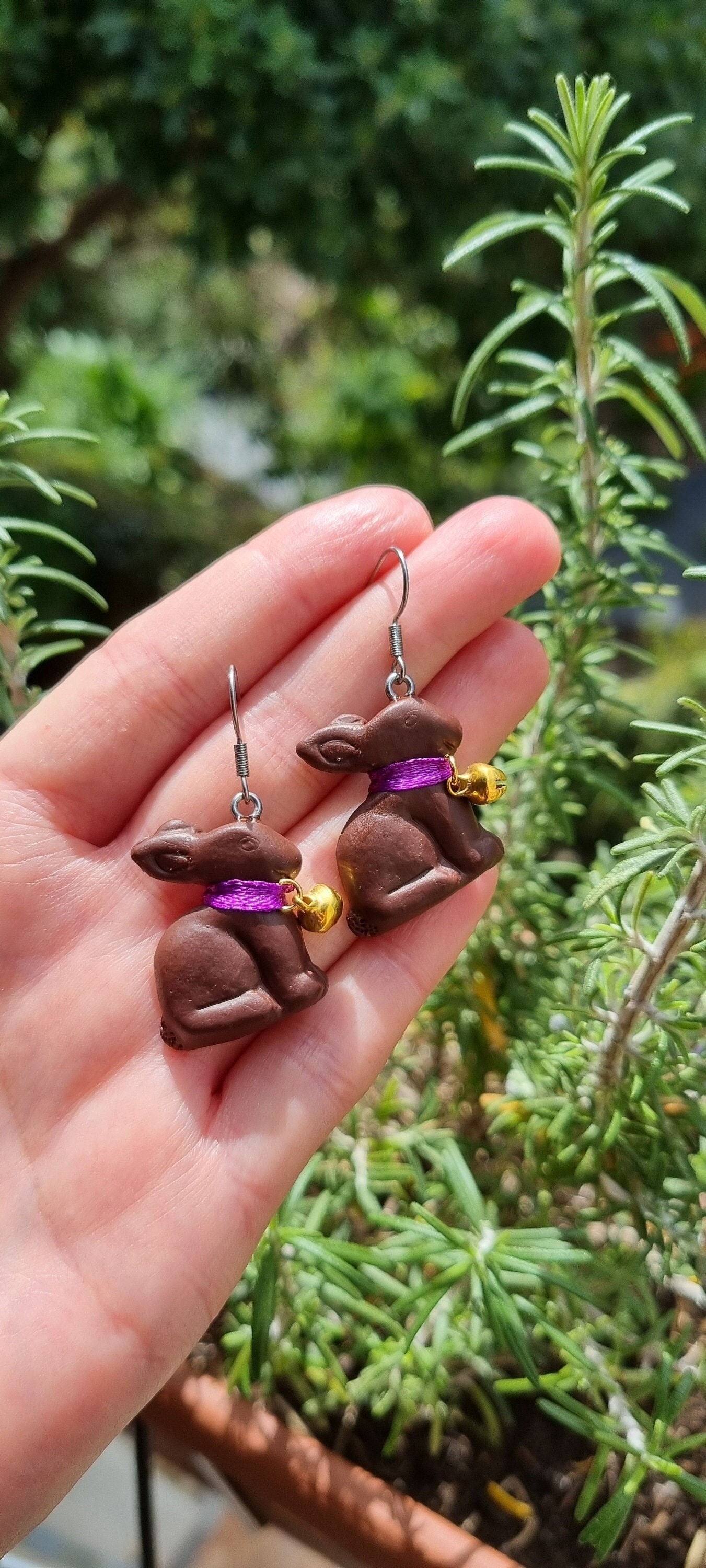 Chocolate Rabbit earrings, Satin Ribbon Easter Bunny, Bell, Easter gift idea, Gourmet Gift, Kawaii, Too Cute