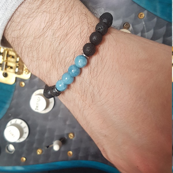 Bracelet "Vivre le Moment Present", Bijou Homme, Pierres de Lave & Amazonite Bleu, Cadeau Pour Lui, Nature, Surfeur, Naturel