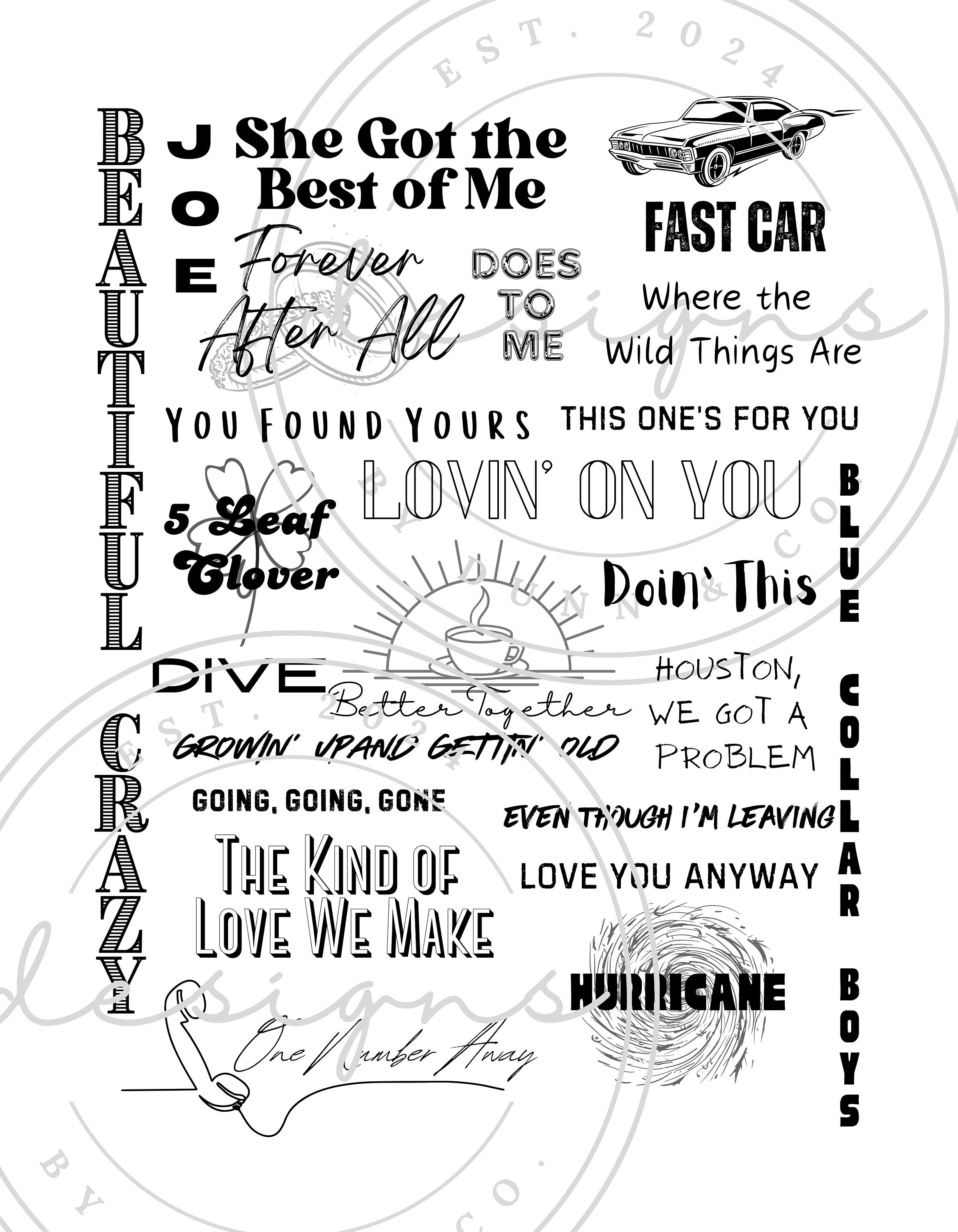 Luke Combs Song Titles Digital Download, Pdf, Pneg, Dtf, Transfer File