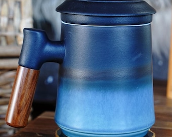 Japanese Ceramic Loose Tea Steeping Mug with Wood Handle
