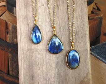 Polished Labradorite Pendant With Gold 22" Chain - Assorted Shapes and Sizes