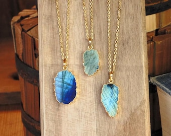 Natural Labradorite Pendant with Gold Dipped Edge - 22" Gold Chain - Assorted Shapes and Sizes