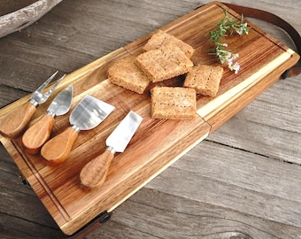 Foldable Cutting / Serving / Picnic Board with Magnetic Internal Utensil Storage and Leather Handles