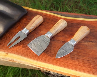 Damascus Cheese Knife Set - Olive Wood Handle and Leather Storage Case
