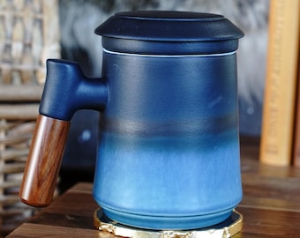 Japanese Ceramic Loose Tea Steeping Mug with Wood Handle - Tall