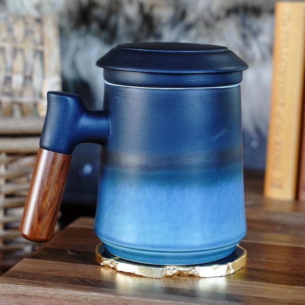 Japanese Ceramic Loose Tea Steeping Mug with Wood Handle - Tall