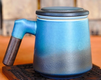 Modern Japanese Inspired Blue Ceramic Tea Steeping Mug - Short