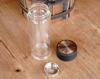 Built in Tea Infuser Glass Tumbler With Black and Gold Closing Lid - Double Walled