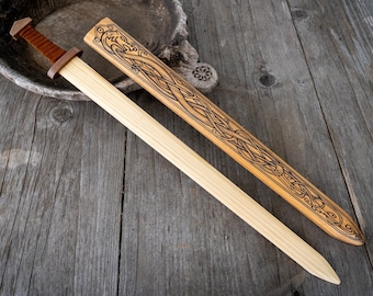 Large Wood Replica Viking Sword with Norse Motif
