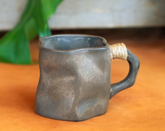 Rustic Modern Dark Ceramic Mug with Rope Wrapped Handle