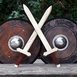 Hand Made Viking Play Set: Two Wooden Swords and Shields with Real Steel Boss