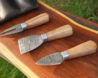 Damascus Cheese Knife Set - Olive Wood Handle and Leather Storage Case