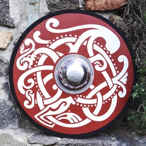 Wooden Toy Viking Shield with Real Steel Boss and Norse Knotwork Design