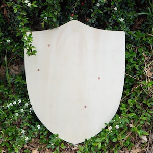 Puede incluir: Un escudo de madera de color claro con una base redondeada y una parte superior ligeramente puntiaguda. El escudo tiene cuatro pequeños agujeros espaciados uniformemente. El escudo está sobre un fondo de follaje verde con pequeñas flores blancas.