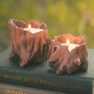 May include: Two lit candles housed in brown, textured, tree stump-shaped containers. The candles are placed on top of two stacked books, one titled "Modern Art in the Making" and the other titled "Mountaineering: The Freedom of the Hills."