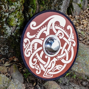 Wooden Toy Viking Shield with Real Steel Boss and Norse Knotwork Design